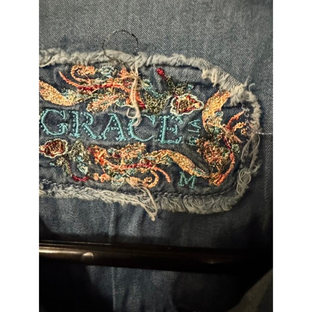 Grace in LA Light Blue Embroidered Denim Long Sleeve Shirt Dress M - Picture 9 of 11